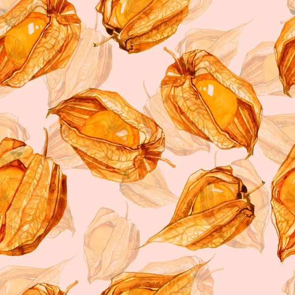physalis fruits mix repeat seamless pattern. watercolor hand drawn picture. mixed media artwork. background for textile decor and design