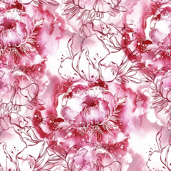 peonies mix repeat seamless pattern. watercolour and digital hand drawn picture. mixed media artwork. endless texture for textile decor and design