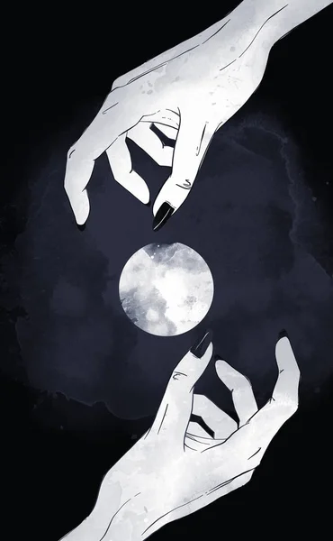 女巫和月亮的手 数字绘图与水彩纹理 — 图库照片