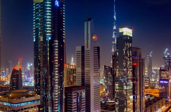 Panorama Moderní City Noci Dubaj Ptačí Pohled — Stock fotografie