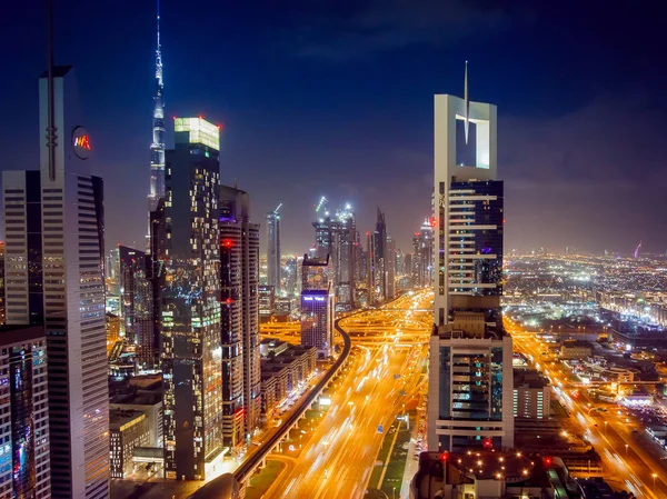 Panorama Över Staden Natten Dubai Fågelperspektiv — Stockfoto