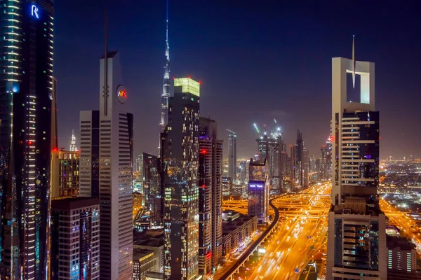 Panorama Över Staden Natten Dubai Fågelperspektiv — Stockfoto