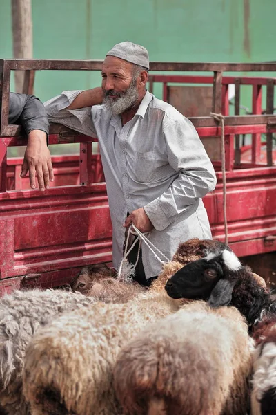 中国和田 2017年10月4日 维吾尔族是突厥人 主要居住在新疆维吾尔自治区 禽畜街市的灰白色大胡子饲养员 带有肥尾羊 — 图库照片