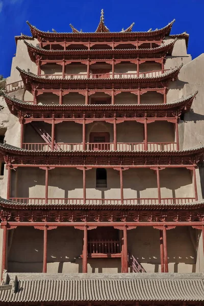 Stöckige Hölzerne Veranda Der Höhle Mogao Caves Section Bestehend Aus — Stockfoto