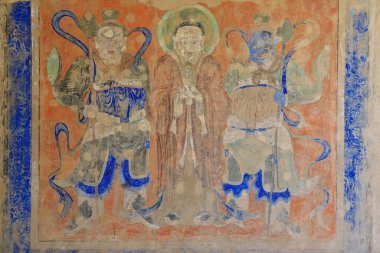 The Buddha between Vaisravana -left- and Virudhaka -right- two of the Four Heavenly Kings guardians of the N.and S.respectively. Mural fresco on the outer wall of the Mogao caves-Dunhuang-Gansu-China. clipart