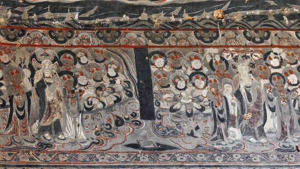莫高窟岩石中的壁画残余物 悬崖外墙 刻在当地的砂岩上 描绘了公元4世纪至14世纪的佛教图像 — 图库照片