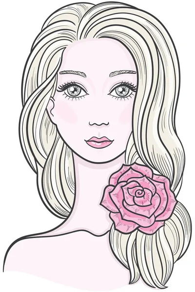 Elegante lijntekeningen van een mooie jonge vrouw met bloemen in het haar — Stockvector