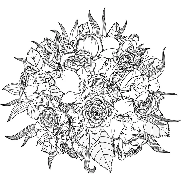 Ilustración vectorial monocromática de ramo con flores y plantas dibujadas a mano. EPS8 . — Vector de stock