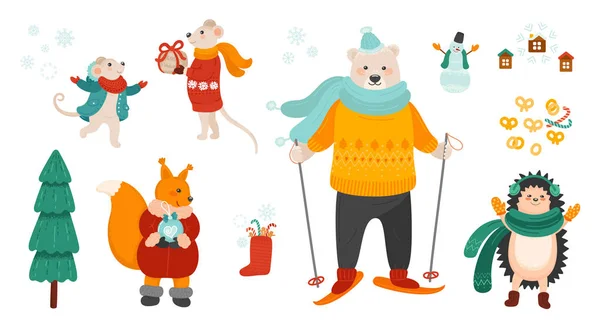 Pacote de símbolos de férias de inverno. Ilustrações vetoriais de celebração de Natal definidas. Bonito animais isolados personagens no fundo branco. — Vetor de Stock