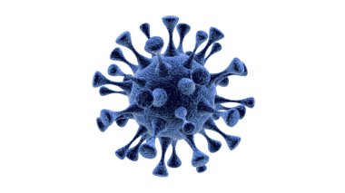 Beyaz zemin üzerinde izole edilmiş mavi grip virüsü renginde 3 boyutlu bir model. Virüs konsepti. Coronavirus veya covid-19.