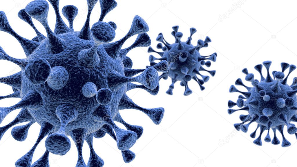 Virus pandemic concept. 3d illustration. Coronavirus or Covid-19 outbreak in 2020. 3d microorganism in blue color on white background. Computer virus, bacteria, medical, microbiology disease.