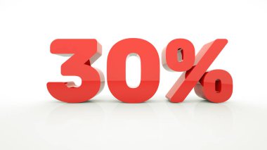 Kırmızı% 30 indirimli beyaz arka planda 3D işareti. Özel teklif% 30 indirim etiketi. Yüzde 30 'a kadar indirimli..