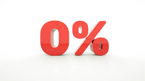 Red text zero 0 percent off on white background with reflection. 0% red digit, symbol. 3d render.