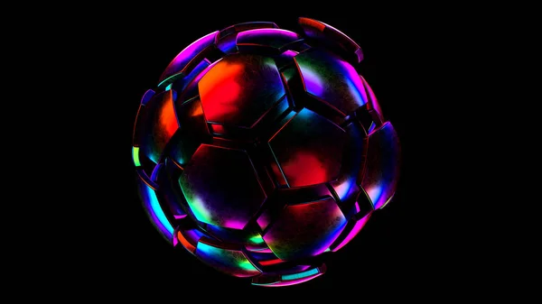 Голографический Футбольный Мяч Изолирован Черном Фоне Рендеринг Футбольного Мяча Iridescence — стоковое фото