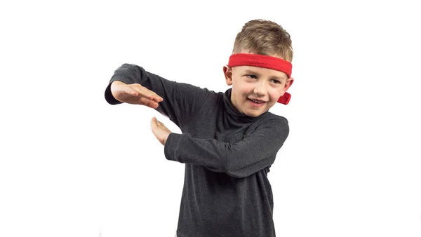 Kleiner Karate Spieler Junge Dunklen Golf Und Rote Stirnbänder Auf — Stockfoto