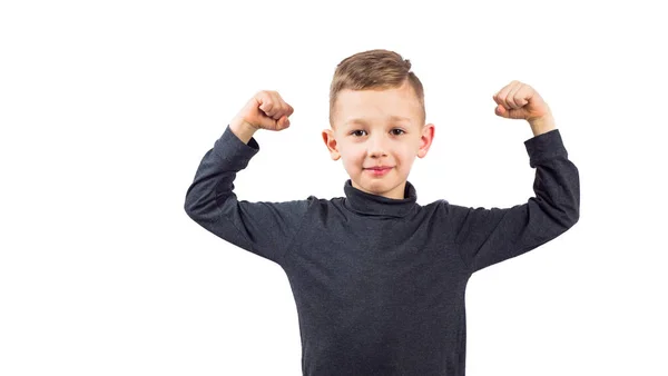 Söt Liten Pojke Visar Styrka Vit Bakgrund Kopieringsutrymme — Stockfoto