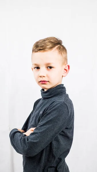 Studio Portrait Cute Boy Boy Put His Hands His Chest — Stock Photo, Image