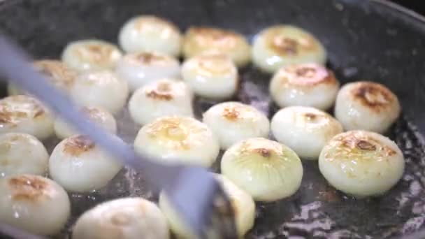 Zwiebeln werden in der Pfanne gebraten — Stockvideo