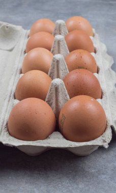 Gri beton arka planda tavuk yumurtaları olan plastik tepsi. Üst Görünüm