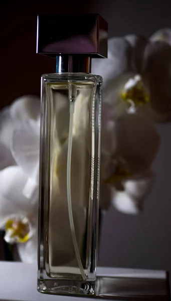 Perfume bottle with orchid flowers on black background. copy space, text, layout, banner. beauty concept — 스톡 사진