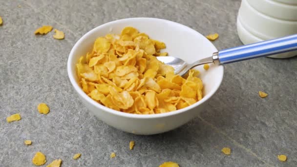 Milk is poured into cornflakes, slow motion — 图库视频影像