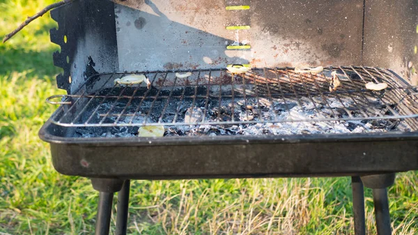 Griglia Metallo Portatile Con Carbone Carbone Arrosto Attrezzature Barbecue Primo — Foto Stock