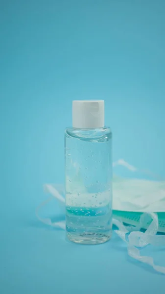 Alcohol Gel Hand Washing Mask Gloves Blue Background Protection Contamination — Stock Photo, Image