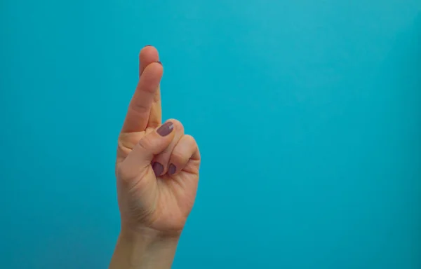 女人的手表现出象征和手势 双手隔离在蓝色背景上的手势 复制空间 — 图库照片