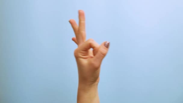 Mano femenina muestra diferentes gestos sobre un fondo azul ... — Vídeo de stock
