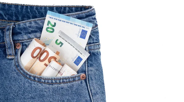 Billetes Cincuenta Euros Bolsillo Trasero Los Pantalones Vaqueros Concepto —  Fotos de Stock