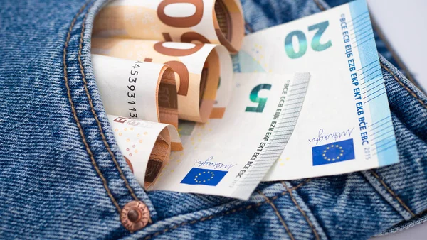 Cinquanta Banconote Euro Nella Tasca Posteriore Dei Pantaloni Jeans Concetto — Foto Stock
