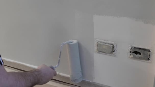 Rodillo de pintura con pintura blanca pinta una pared en casa — Vídeos de Stock