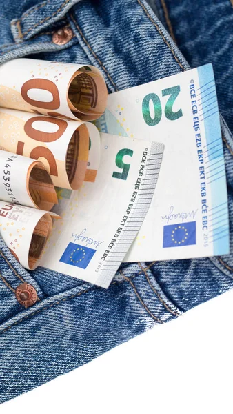 Avro Parası Kot Pantolon Cebinde Para Seyahat Alışverişe Hazır — Stok fotoğraf