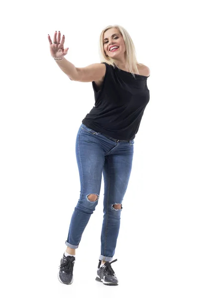 Gelukkige Opgewonden Vrouw Van Middelbare Leeftijd Casual Kleding Zwaaiende Hand — Stockfoto