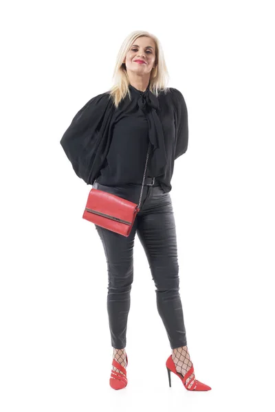 Mujer Mediana Edad Elegante Segura Posando Blusa Negra Pantalones Cuero — Foto de Stock