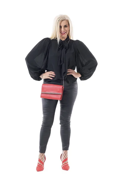 Feliz Confiada Mujer Rubia Mediana Edad Ropa Elegante Negro Con — Foto de Stock