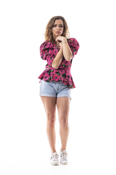 Feminine Tender Stylish Girl Summer Clothes Floral Shirt Short Jeans — Stock Photo, Image