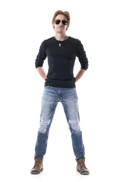 Handsome Ginger Young Stylish Man Blank Black Shirt Ripped Jeans — Stock Photo, Image