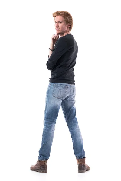 Back View Confident Young Man Turning Looking Camera Hand Chin — Stock Photo, Image