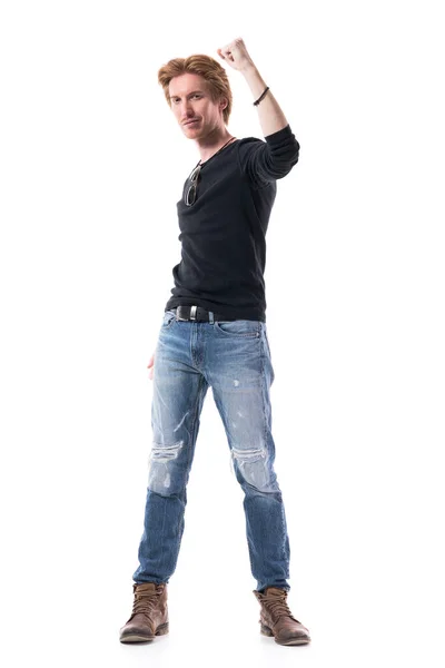 Confident Successful Young Stylish Redhead Man Raised Arm Clenched Fist — Stock Photo, Image