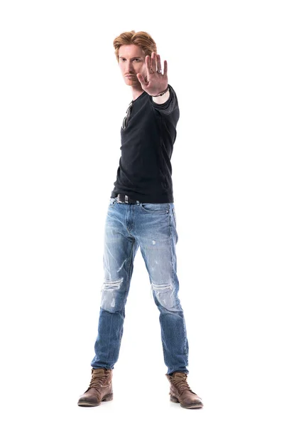 Conceito Rejeição Declínio Homem Gengibre Bonito Jovem Mostrando Palma Parar — Fotografia de Stock