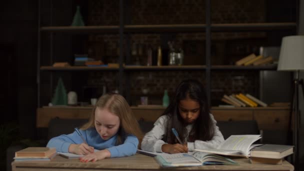 Meninas inteligentes fazendo lição de casa para a escola primária — Vídeo de Stock