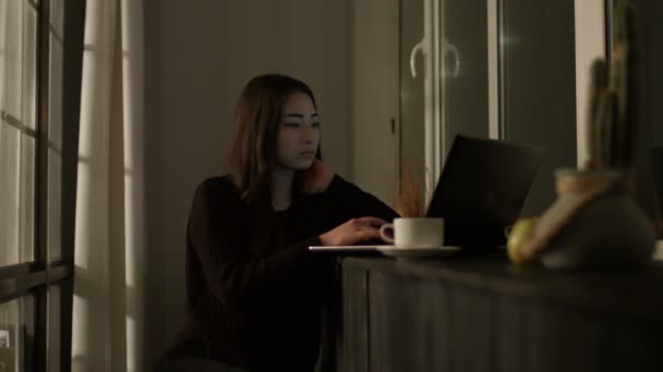 Encantadora mujer asiática trabajando con portátil en la noche — Vídeo de stock