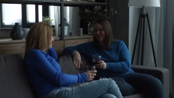 Alegres amigas brindando copas de vino en el sofá — Vídeos de Stock