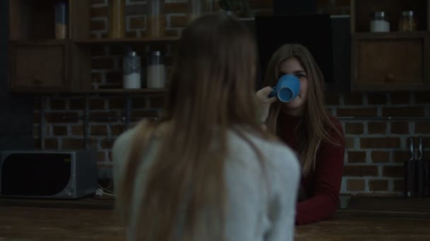 Conversando meninas desfrutando de bebida quente na cozinha — Vídeo de Stock