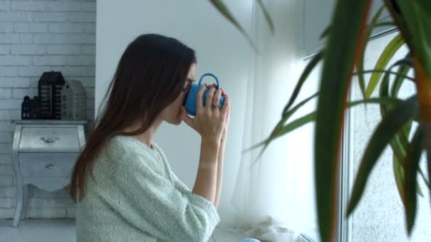 Adorável jovem mulher relaxante pela manhã em casa — Vídeo de Stock