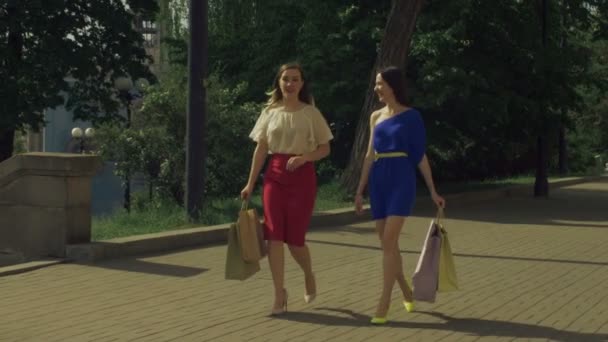 Mulheres felizes com sacos de compras andando na rua — Vídeo de Stock