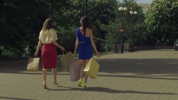 Gioioso shopping donne a piedi sulla strada della città — Video Stock