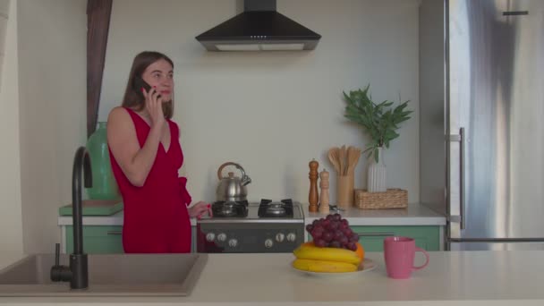 Χαρούμενη μαγείρισσα γυναίκα που μιλάει στο τηλέφωνο σε εσωτερικούς χώρους — Αρχείο Βίντεο