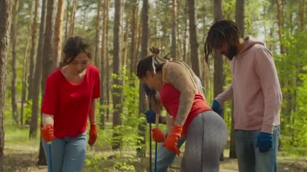 Amigos ambientais limpando lixo na floresta — Vídeo de Stock